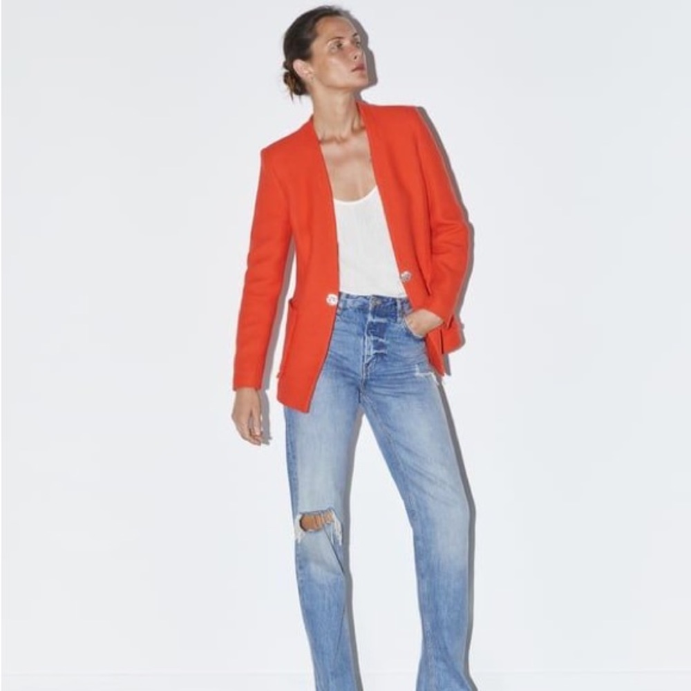 Women’s Zara Red Orange Tweed Blazer with Jewel Button, Size M, NWT
